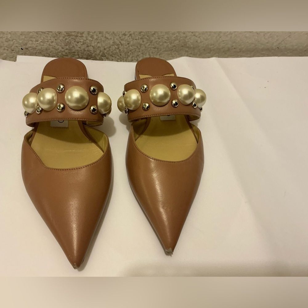 Jimmy Choo Tan Pearl-Embellished Pointed Leather Mules